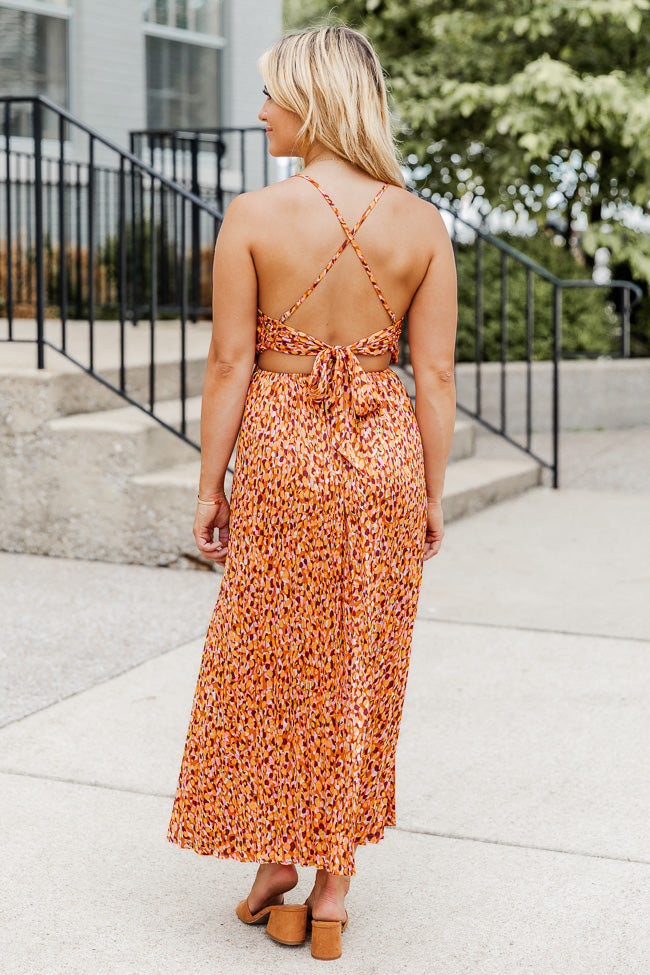 Nothing You Can't Do Orange Multi Printed Pleated Ruched Bust Midi Dress FINAL SALE