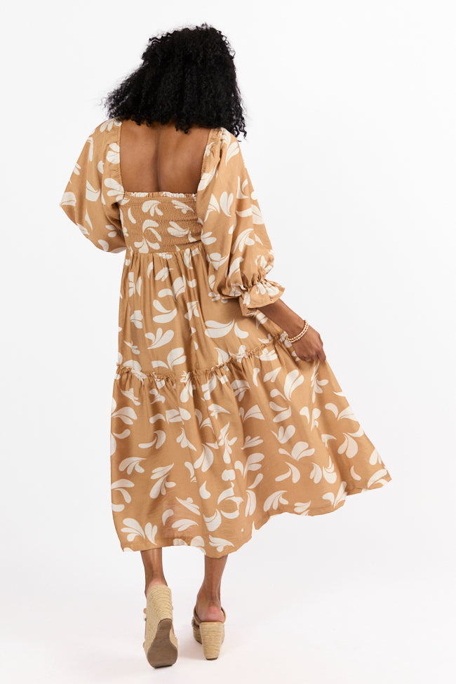 Swing Of Things Neutral Printed Smocked Midi Dress Hot Sale Online