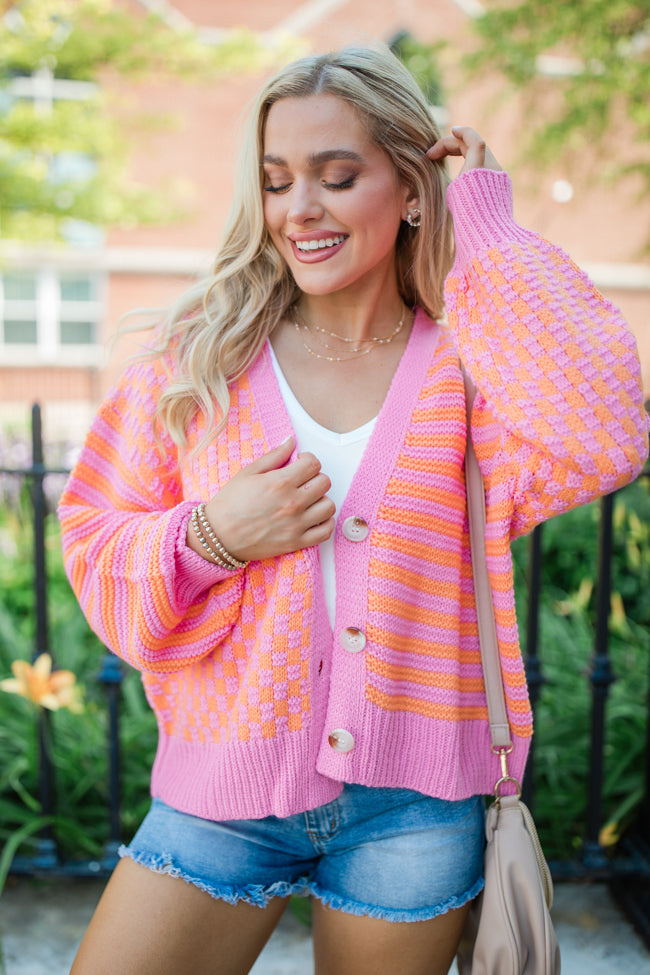 Time To Waste Pink And Orange Checkered And Striped Cardigan Discount From China