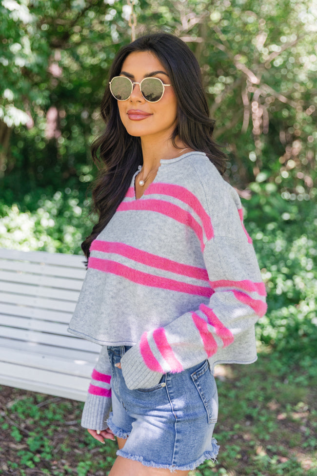 Sweet Affection Grey And Fuchsia Striped Notched Neck Sweater Browse For Sale