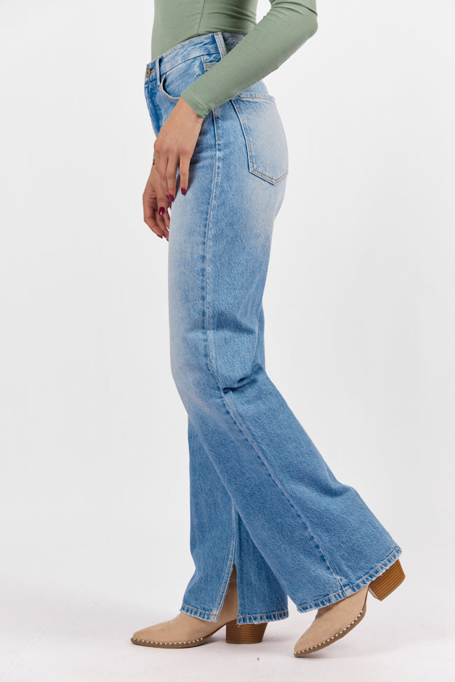 Emily Light Wash 90's Flare Split Hem Wide Leg Jeans