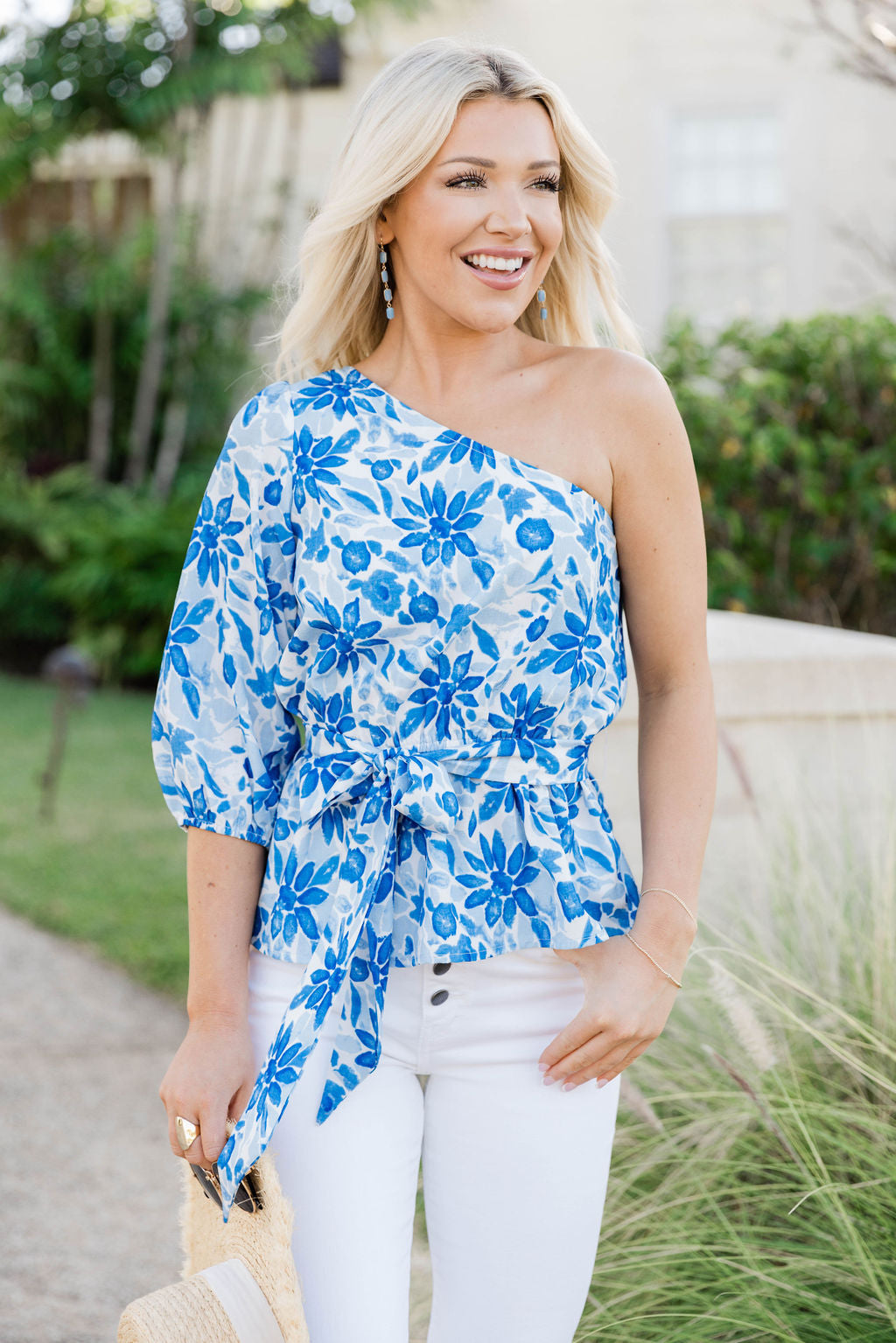 Out Of The Blue One Shoulder Blue Printed Blouse FINAL SALE Sale Affordable