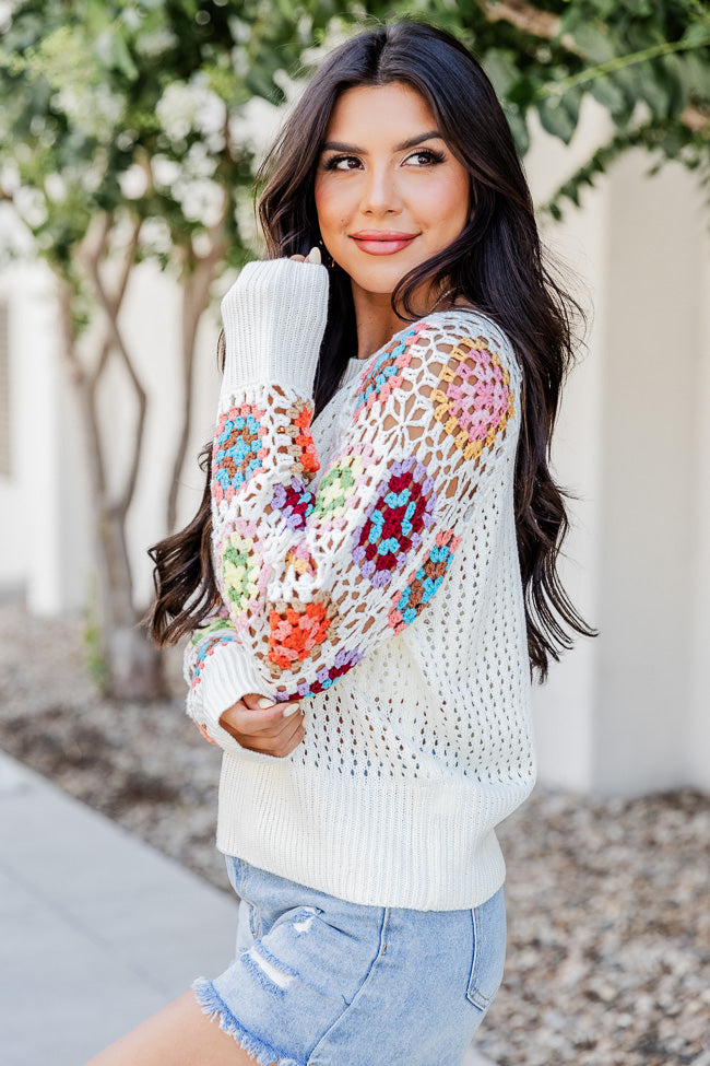 A Wonderful Life Ivory Multi Crochet Sleeve Sweater  FINAL SALE Big Sale Sale Online