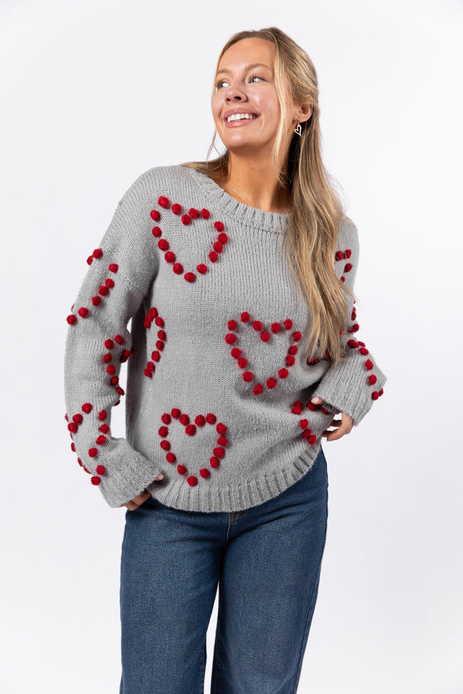 Adore You Grey and Red Oversized Heart Pom Sweater Kalee Rogers X Pink Lily FINAL SALE Explore Cheap Pice