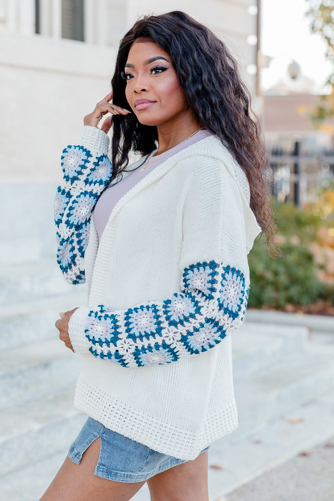 Be Better Ivory and Blue Crochet Sleeve Hooded Cardigan FINAL SALE Very Cheap Sale Online