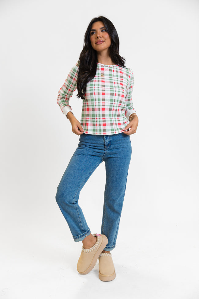 Lazy Plaid Ivory, Red, and Green Print Waffle Layering Top FINAL SALE Extremely Cheap Pice