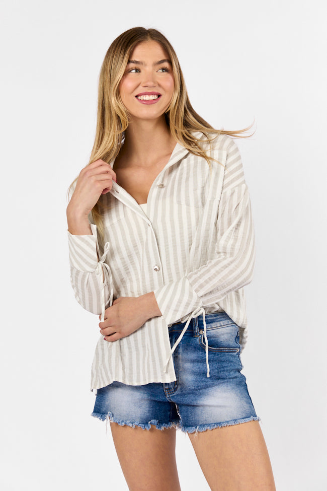 Cruel Summer Tan and Ivory Striped Gauze Button Down Top Wholesale Pice