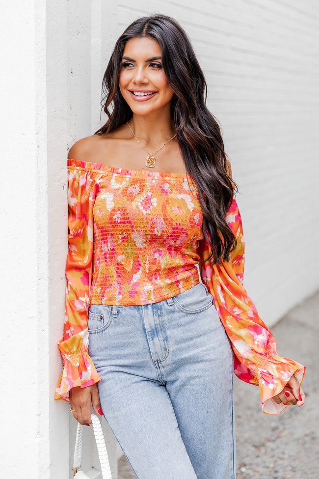 Just A Moment Orange Floral Print Off The Shoulder Blouse FINAL SALE Official Online