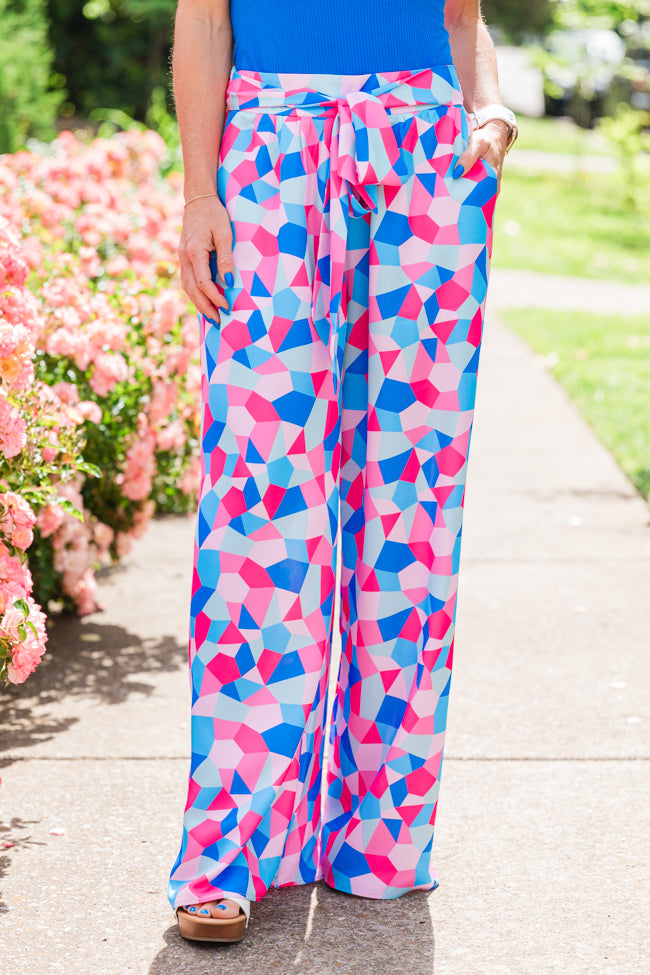 Fashionably Late Geometric Blue And Pink Belted Pants With Credit Card Free Shipping