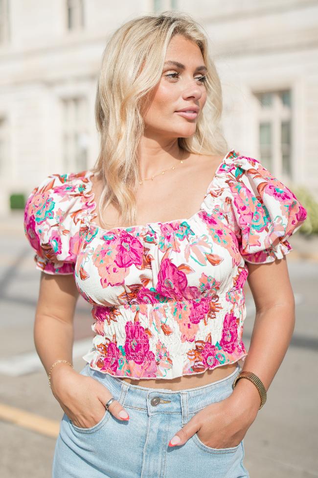 Makes Me Wonder Pink Multi Short Sleeve Smocked Waist Floral Top FINAL SALE Sale Latest