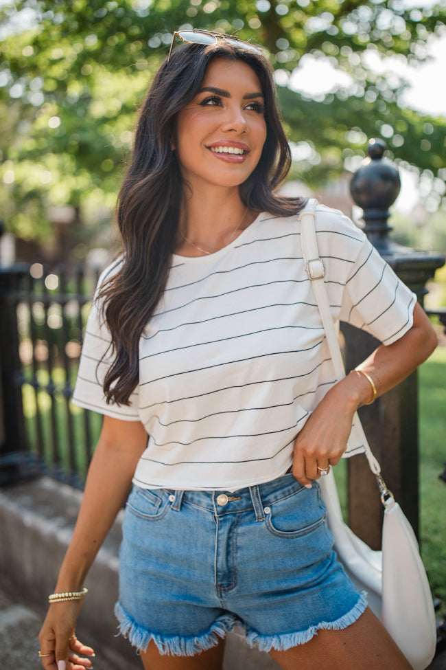 Easy Way Out Ivory and Black Striped Crop Tee FINAL SALE Sale Wholesale Pice