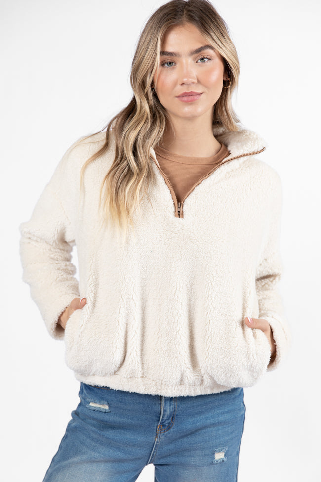 Stay Here Beige Contrast Trim Sherpa Pullover SALE Online