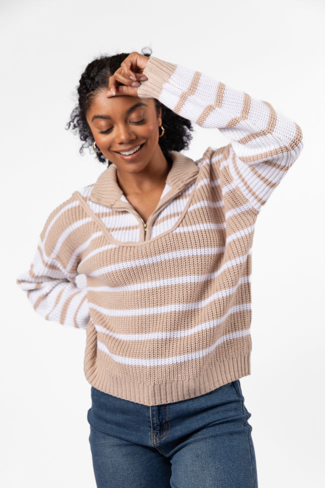 Worth Melting For Beige Striped Color Block Quarter Zip Pullover Sweater Cheap Sale Many Kinds Of