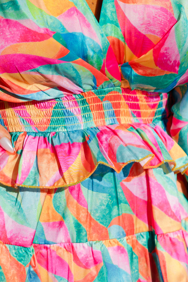 Fun And Flirty In Kaleidoscope Dreams Satin Ruffle Detail Dress Low Pice Fee Shipping Sale Online