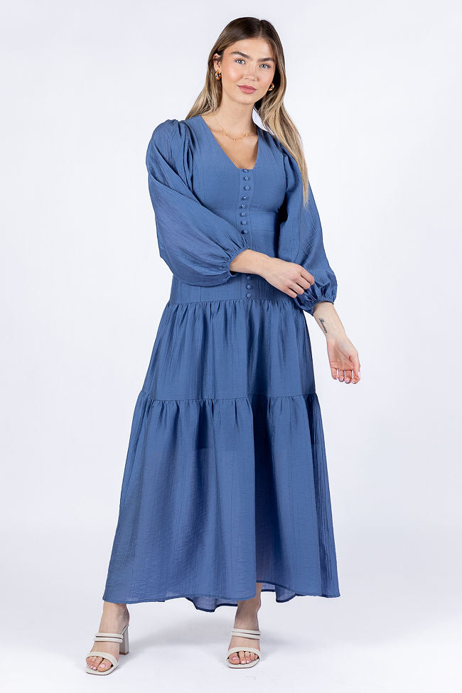 Enchanting Moments Blue Button Detail Maxi Dress Sale 2025