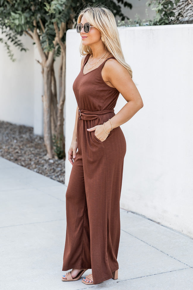 Talk A Lot Brown Tank Belted Jumpsuit FINAL SALE Clearance Buy