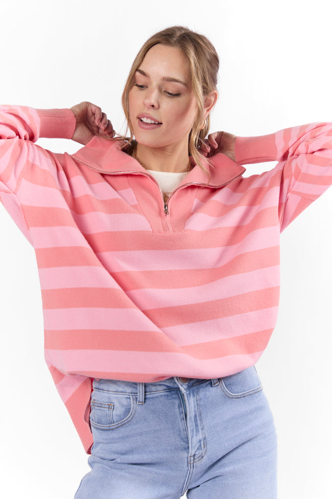 Pulling Heartstrings Coral Multi Stripe Quarter Zip Pullover Buy Cheap Hot Sale