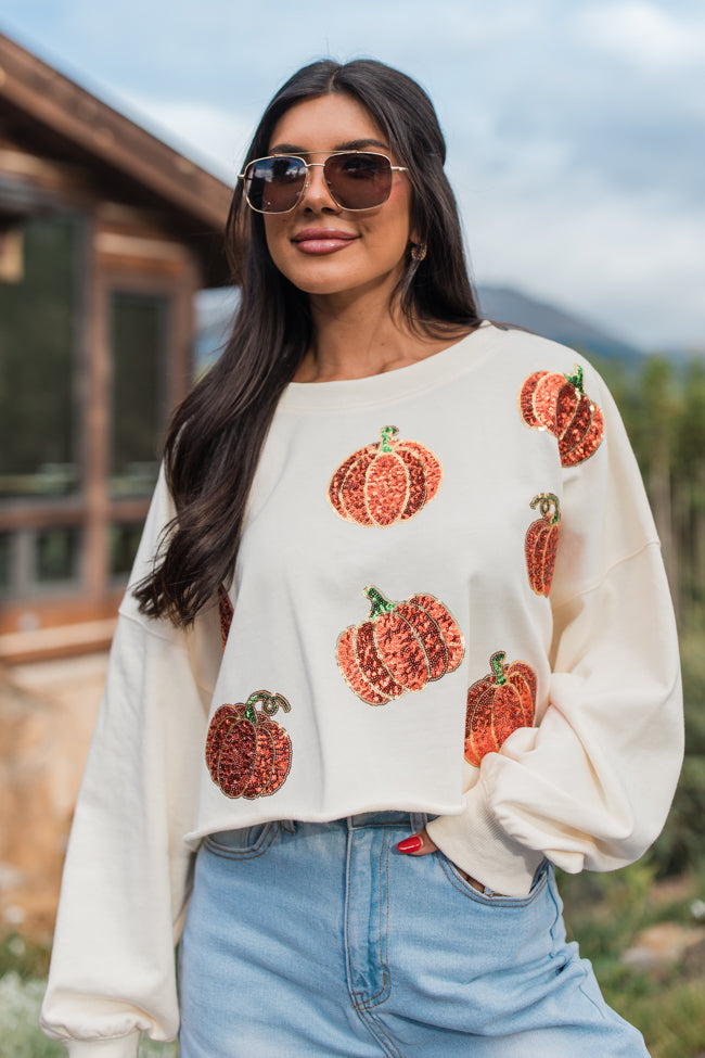 Pumpkin Spice Please Ivory Sequin Patch Sweatshirt FINAL SALE Free Shipping