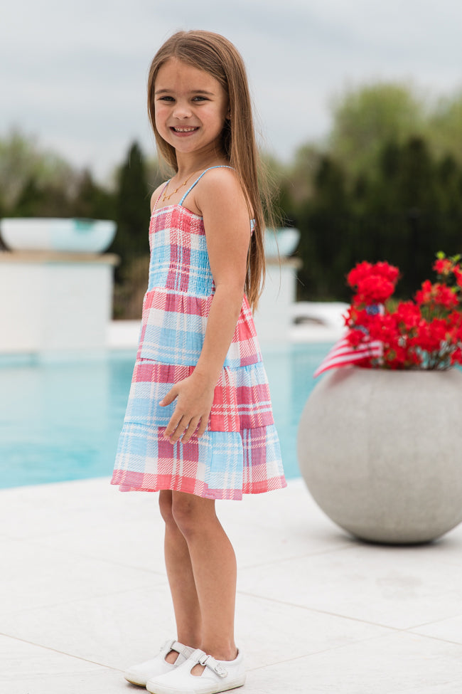 Kid's Tea With You Red and Light Blue Plaid Gauze Dress