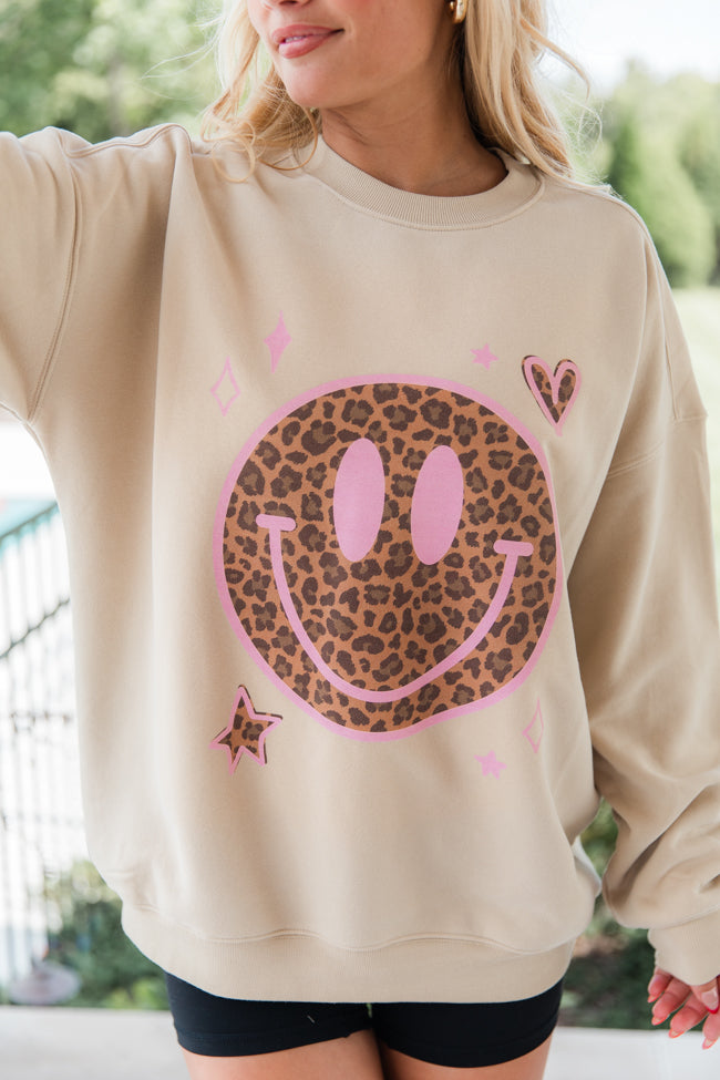 Leopard Smiley Face Cream Oversized Graphic Sweatshirt Newest Cheap Pice