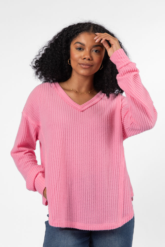 Idle Hands Pink Waffle Knit V-Neck Oversized Knit Top With Paypal Sale Online