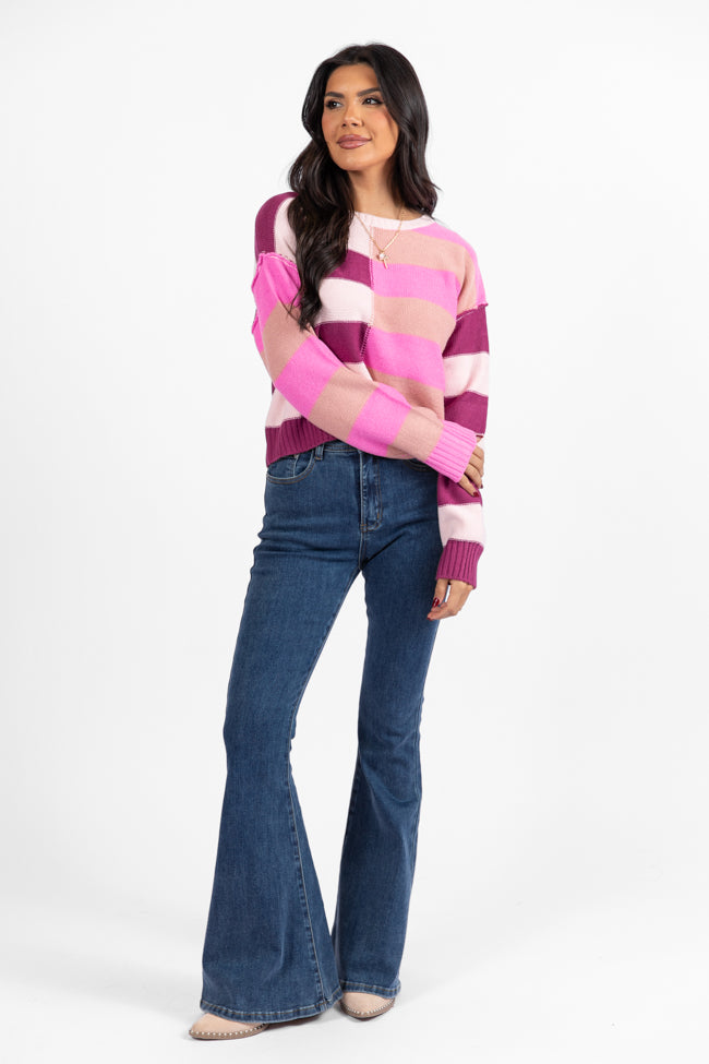 Take Your Time Pink and Berry Multi Color Block Striped Crop Sweater SALE Clearance Geniue Stockist