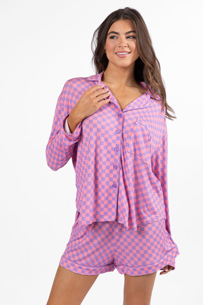 Good To Get Away Light Pink and Lilac Checkered Long Sleeve Pajama Top Low Pice Fee Shipping