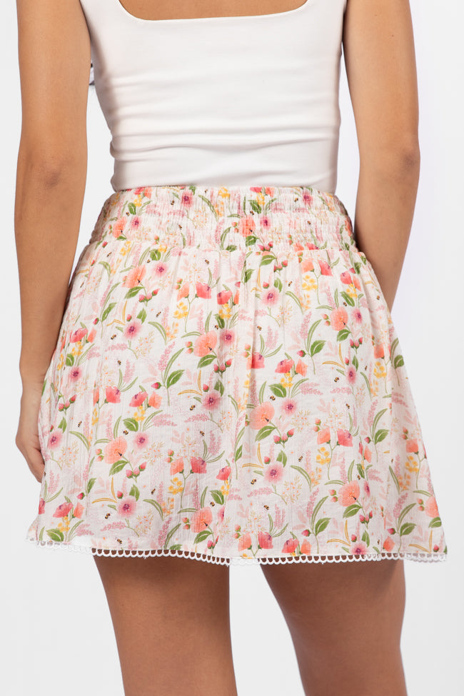 Through The Garden Ivory Multi Floral Eyelet Trim Mini Skort Get Authentic Sale Online