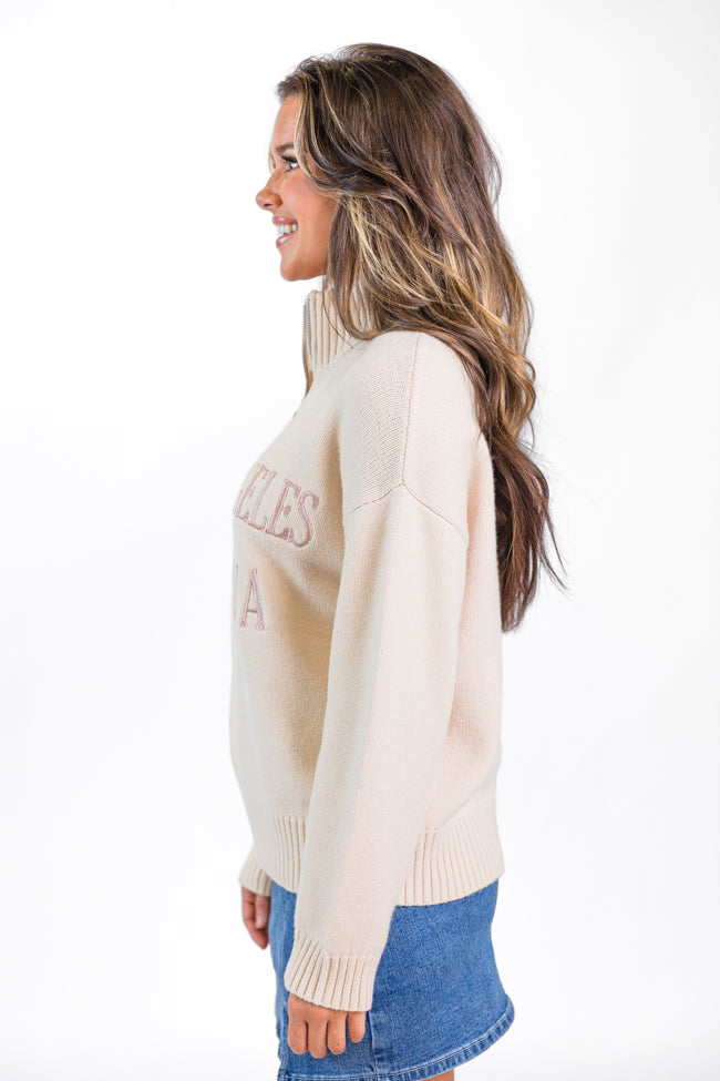 Roll With It Beige Los Angeles Embroidered Quarter Zip Sweater FINAL SALE Fashionable For Sale