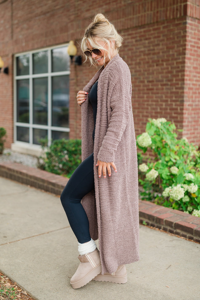 Slow Your Roll Mocha Long Popcorn Cardigan Outlet View