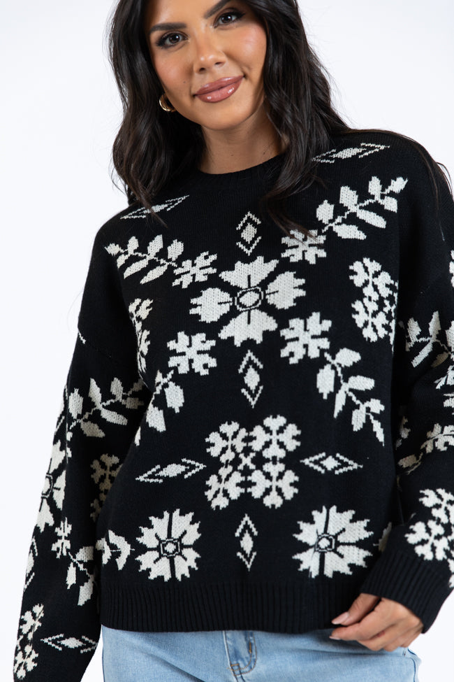 One More Shot Black Snowflake Printed Sweater FINAL SALE Under 70 Dollars