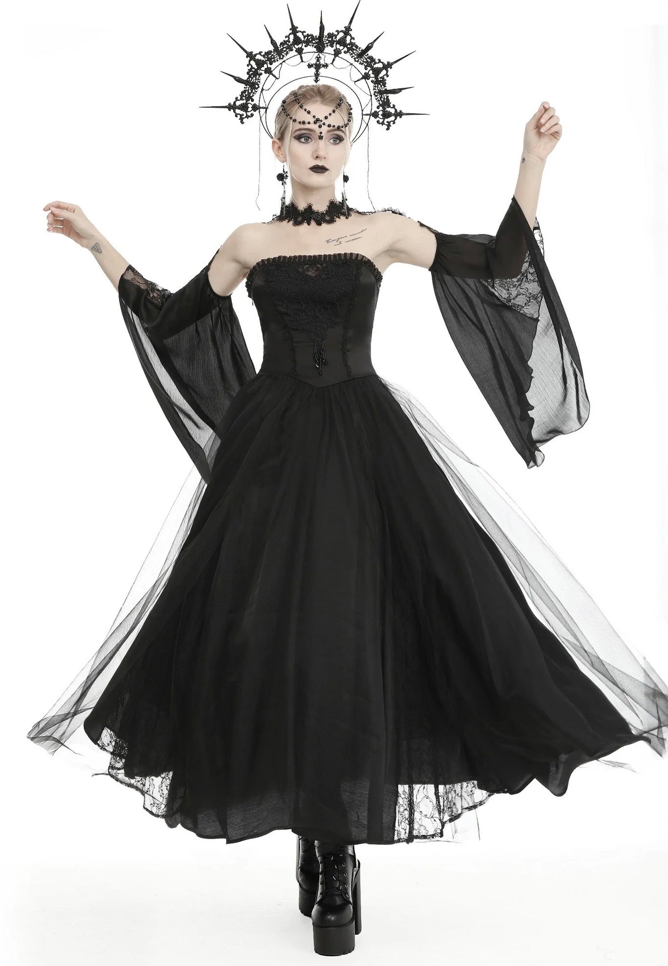 Dark In Love - Gorgeous Beaded Tulle Maxi Gothic Wedding Black - Dress Stockist Online