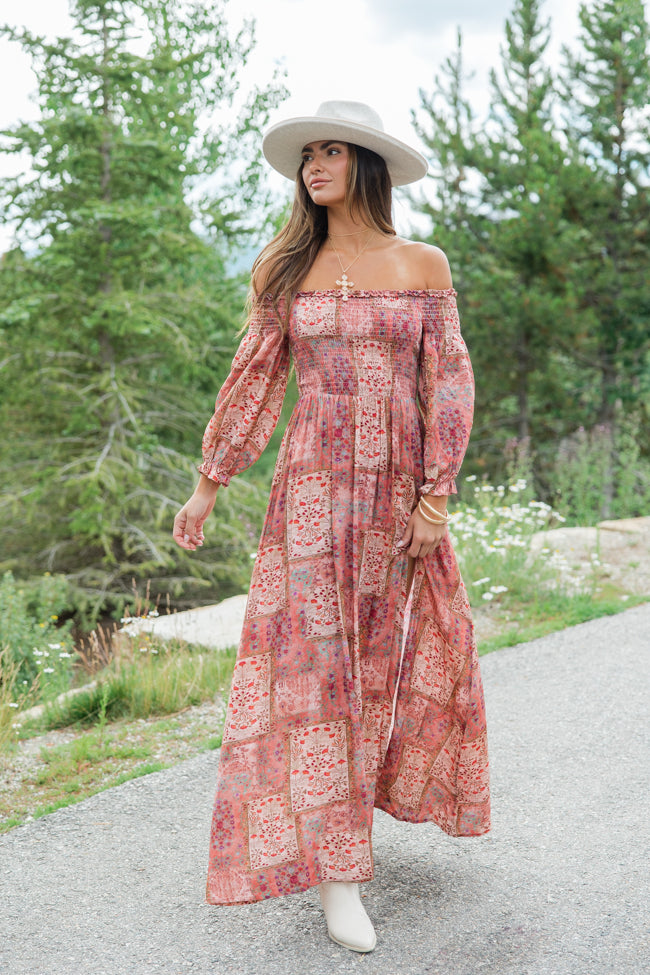 Sounds In My Mind Brick Off The Shoulder Printed Maxi Dress FINAL SALE Authentic For Sale