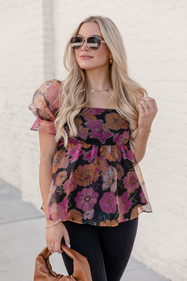 Something Beautiful Black Floral Print Tulle Blouse FINAL SALE Outlet