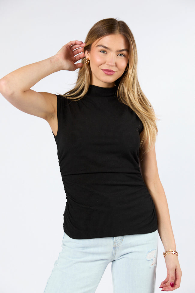 Prime Time Black Ribbed Ruched Bodice Mock Neck Tank Buy Cheap 2025 New