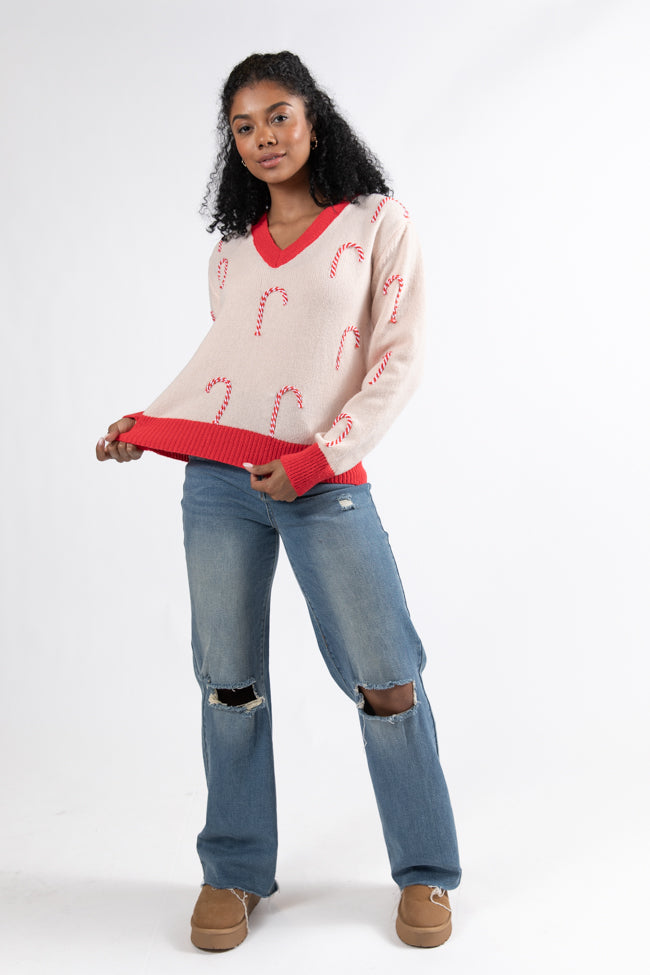 Candy Craze Pink and Red Candy Cane Patch V-Neck Sweater Macy Blackwell X Pink Lily FINAL SALE Sast Sale Online