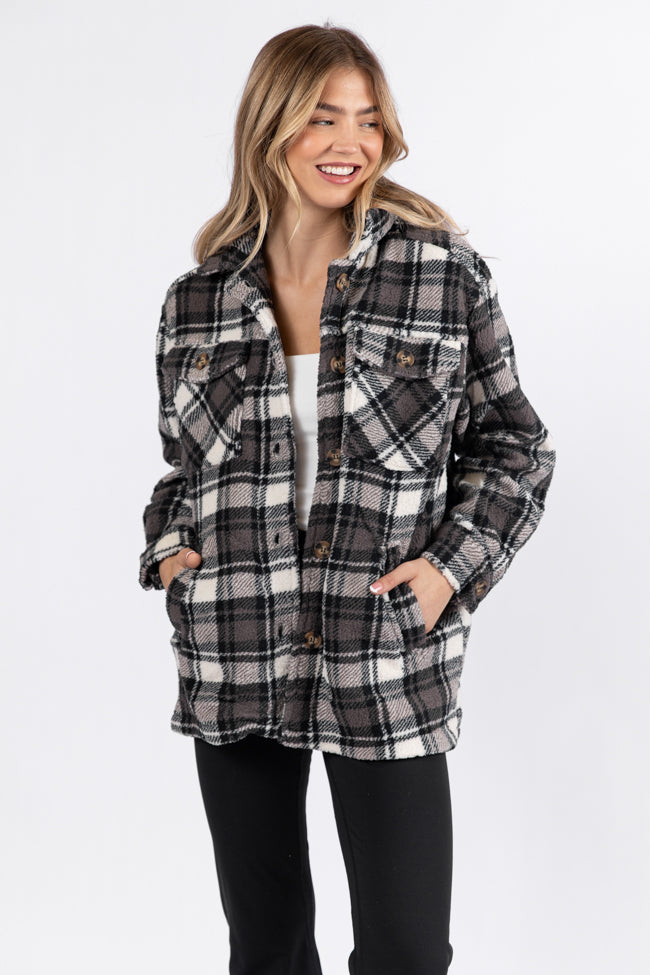 Through The Leaves Black Plaid Sherpa Shacket 2025 Cheap Online