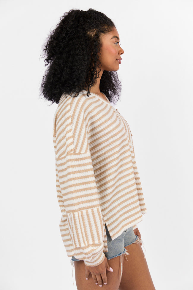 All For Sun Tan and Ivory Striped Knit V-Neck Long Sleeve Tee Free Shipping Sast