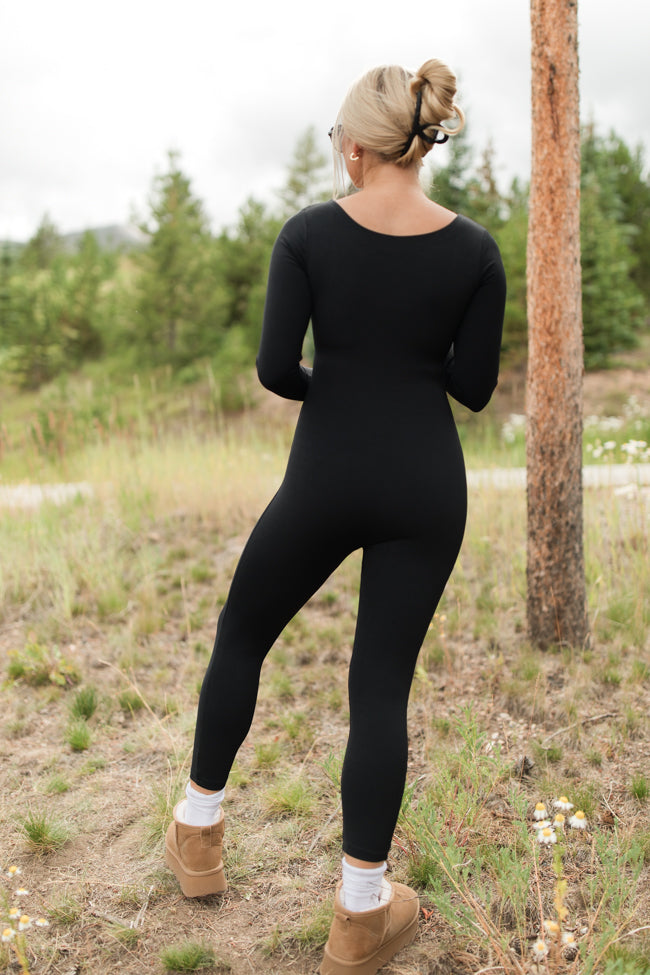 Power Play Black Square Neck Active Long Sleeve Jumpsuit FINAL SALE Comfortable Online