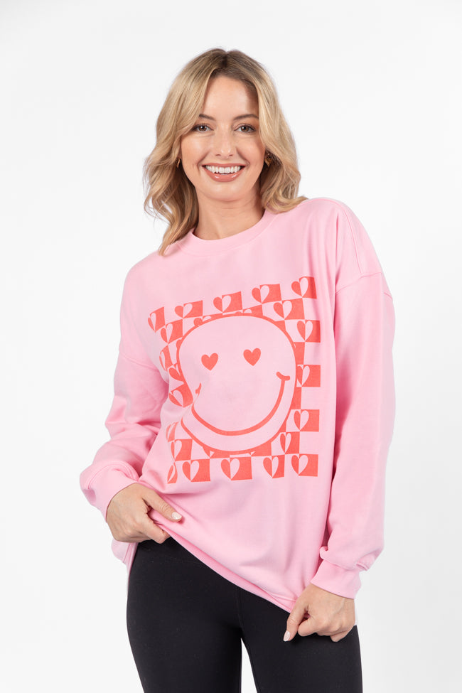 Heart Checkered Smiley Light Pink Oversized Graphic Sweatshirt Discount Reliable