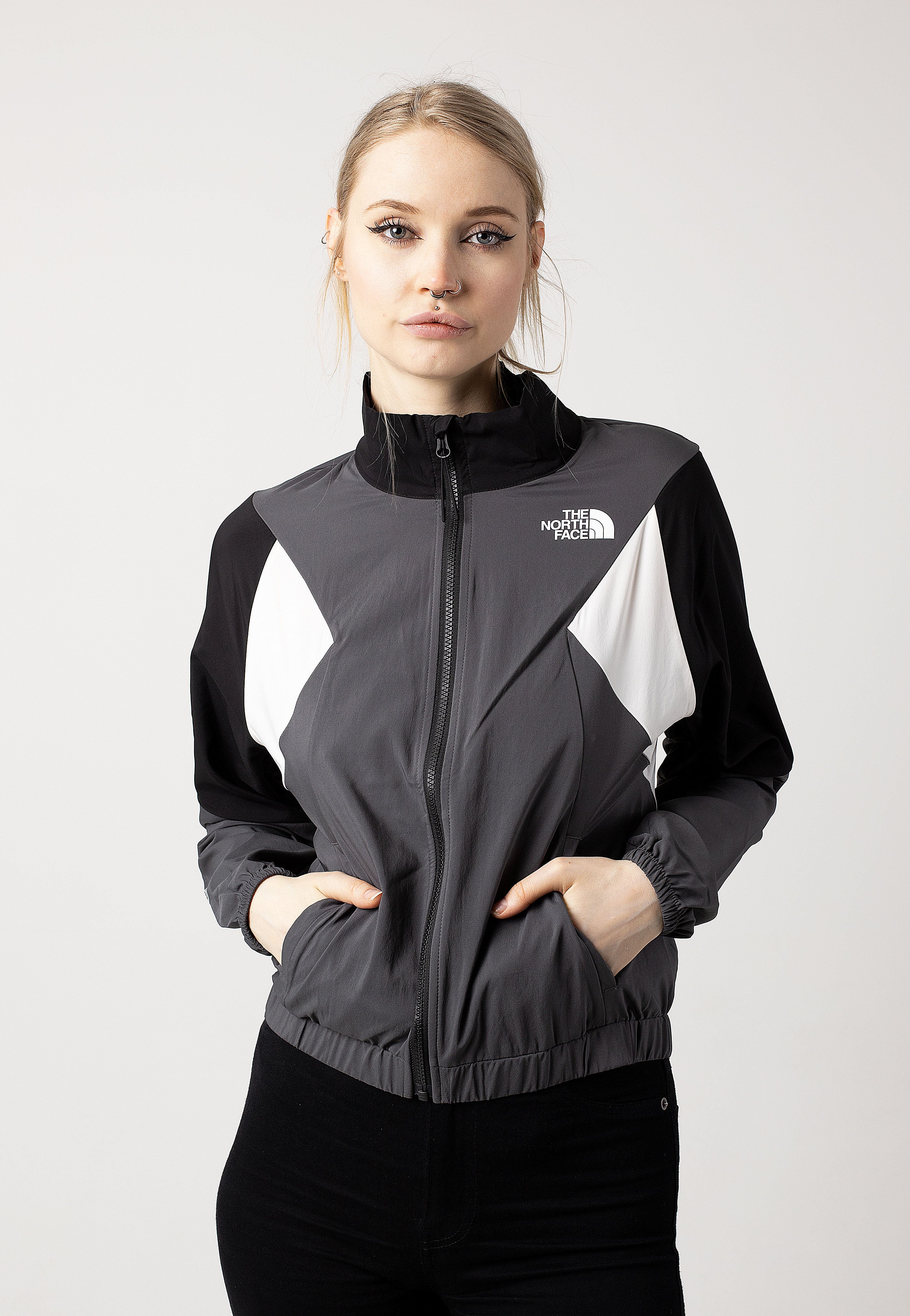 The North Face - Womens Wind Track Anthracite Grey/White Dune/Tnf Black - Track Jacket Sale For Cheap