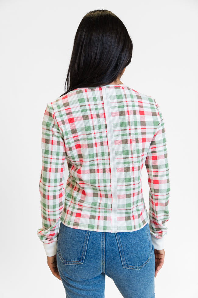 Lazy Plaid Ivory, Red, and Green Print Waffle Layering Top FINAL SALE Extremely Cheap Pice