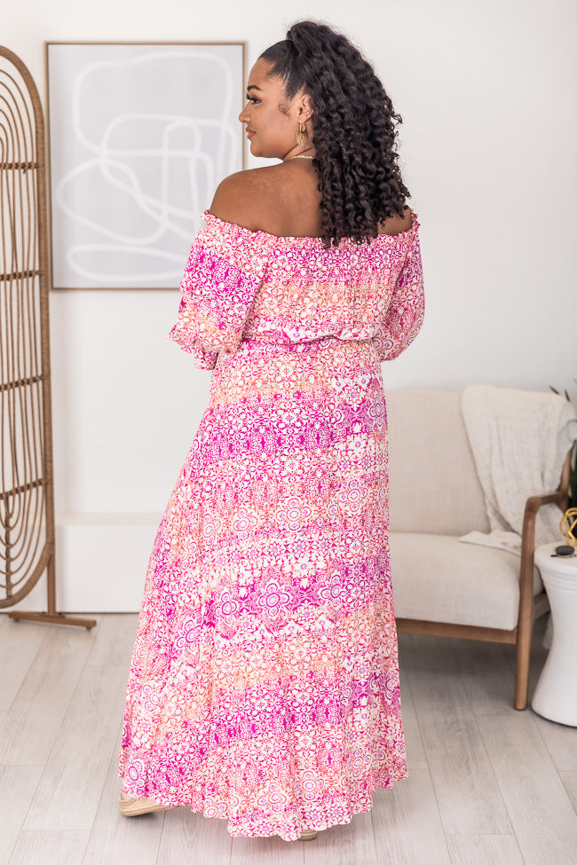 Dynamic Love Pink Printed Off The Shoulder Maxi Dress FINAL SALE Clearance For Cheap