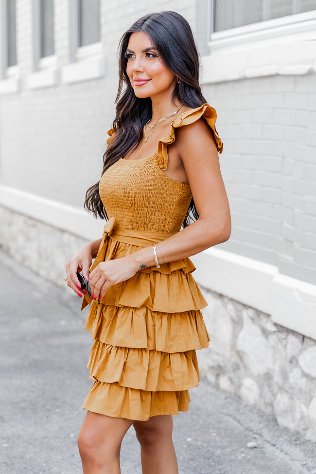 Still Have Time Mustard Tiered Ruffle Belted Mini Dress FINAL SALE Free Shipping Finishline