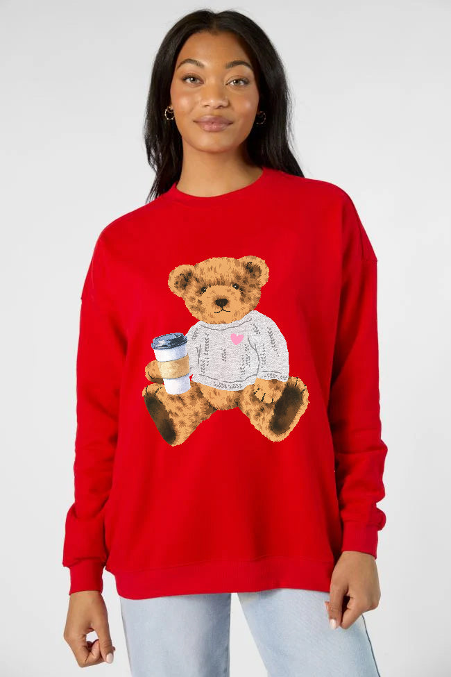 Vintage Teddy Bear Heart Sweater Red Oversized Graphic Sweatshirt Newest For Sale