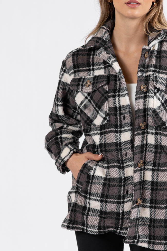 Through The Leaves Black Plaid Sherpa Shacket 2025 Cheap Online