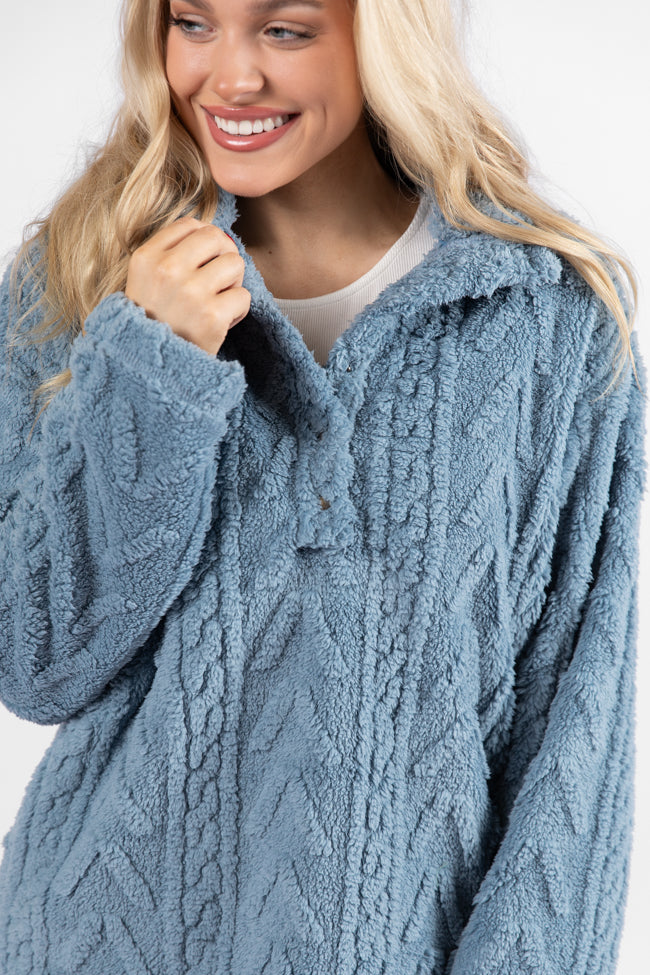 Take The Leap Blue Cable Detail Sherpa Pullover SALE Clearance Pictures