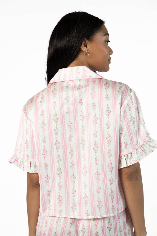 Hitting Snooze Pink Floral Striped Short Sleeve Pajama Top High Quality Buy Online