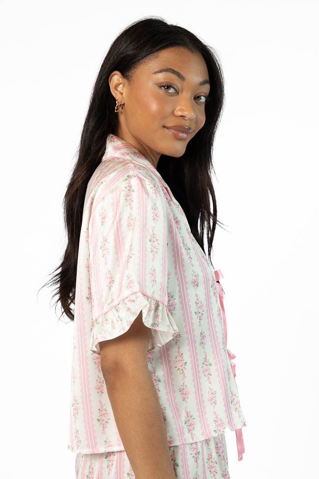 Hitting Snooze Pink Floral Striped Short Sleeve Pajama Top High Quality Buy Online