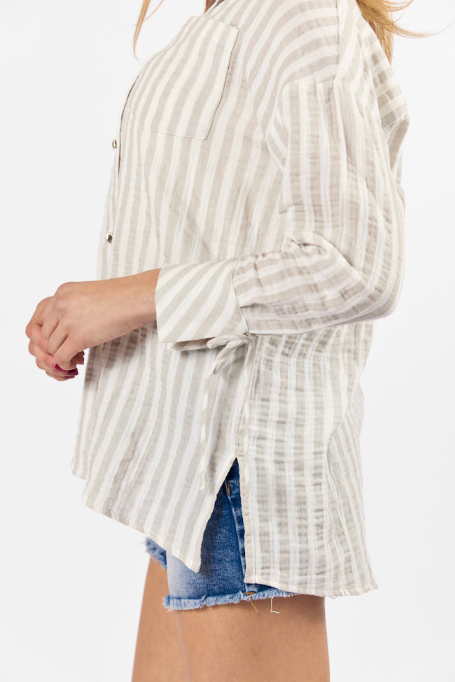 Cruel Summer Tan and Ivory Striped Gauze Button Down Top Wholesale Pice